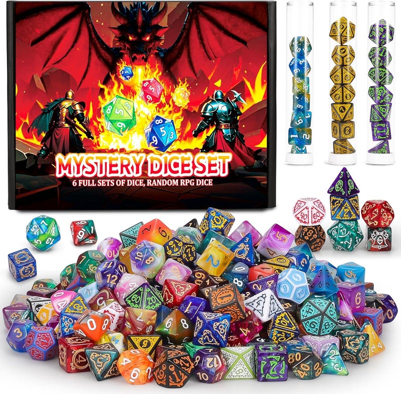 QMAY Mystery Dice Box - 48PCS DND Dice Set, Random Dice Patterns, 6 Surprise Boxes, Polyhedral Dice with Dice Display Tube, D&D Gifts Box for Dungeons and Dragons, RPG, MTG,Role Playing Table Game - Image 1